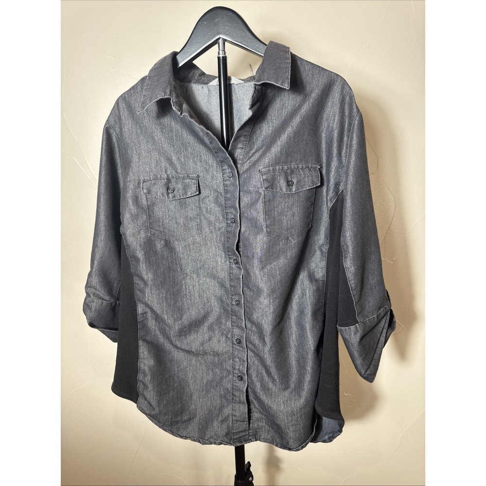 Cavalini Denim Collection Button Down Shirt 1x Gray And Black With Sheen